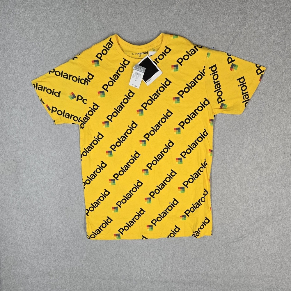 VINTAGE Polaroid Men Shirt M Yellow Graphic Logo All Over Short Sleeve NWT